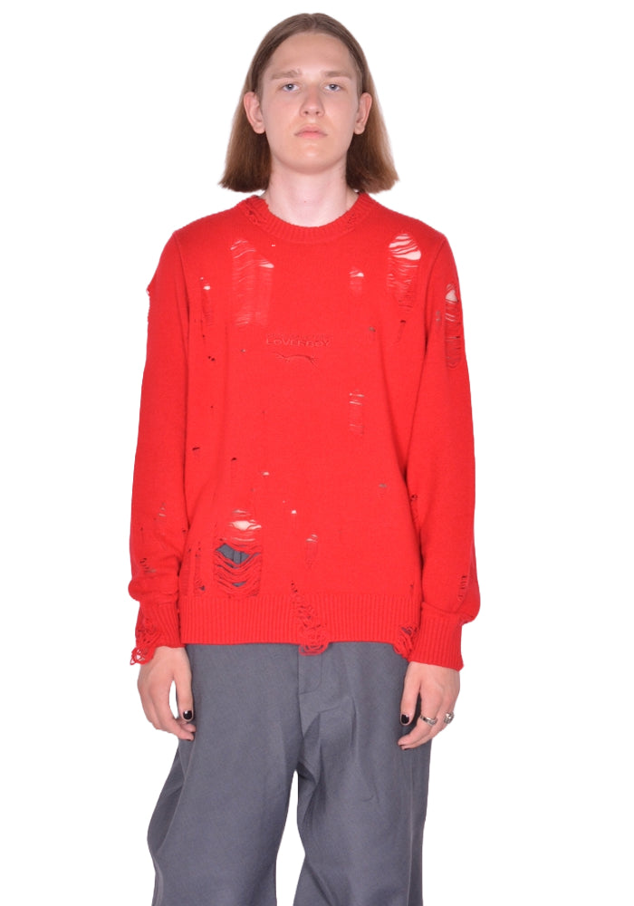 CHARLES JEFFREY LOVERBOY DISTRESSED LOGO KNIT SWEATER RED FW25 