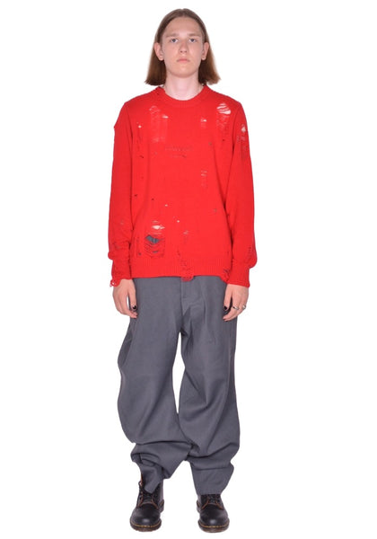 CHARLES JEFFREY LOVERBOY DISTRESSED LOGO KNIT SWEATER RED FW25 