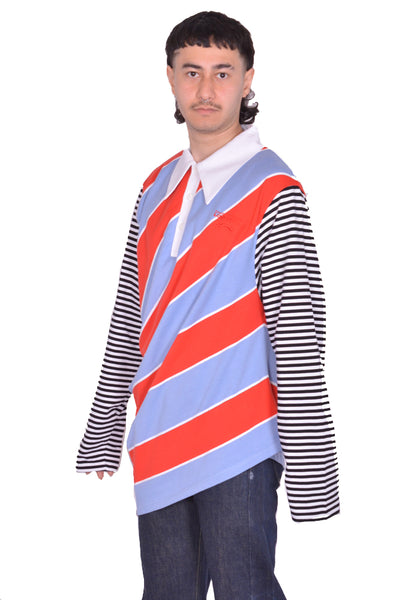 CHARLES JEFFREY LOVERBOY TOPSY TURVY STRIPE POLO SHIRT RED/BLUE SS25