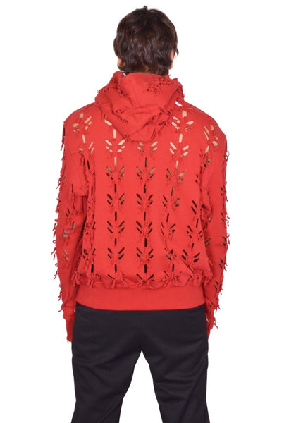 JUNTAE KIM LASER-SLASHED SWEAT HOODIE RED SS26 | DOSHABURI Shop