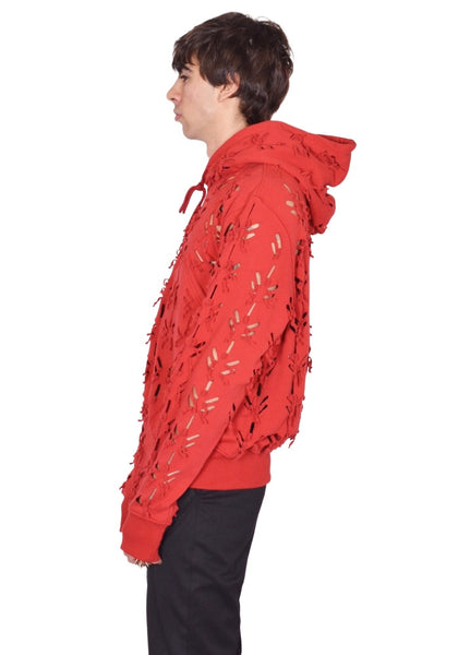 JUNTAE KIM LASER-SLASHED SWEAT HOODIE RED SS26 | DOSHABURI Shop