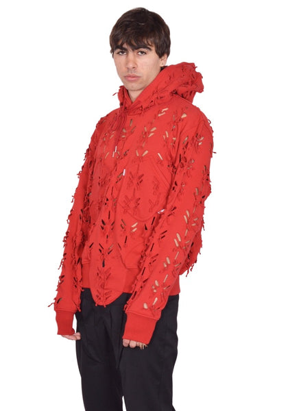 JUNTAE KIM LASER-SLASHED SWEAT HOODIE RED SS26 | DOSHABURI Shop