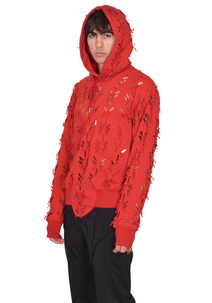JUNTAE KIM LASER-SLASHED SWEAT HOODIE RED SS26 | DOSHABURI Shop
