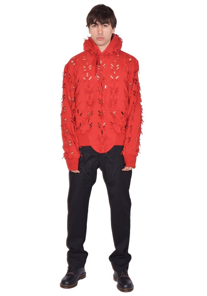 JUNTAE KIM LASER-SLASHED SWEAT HOODIE RED SS26 | DOSHABURI Shop