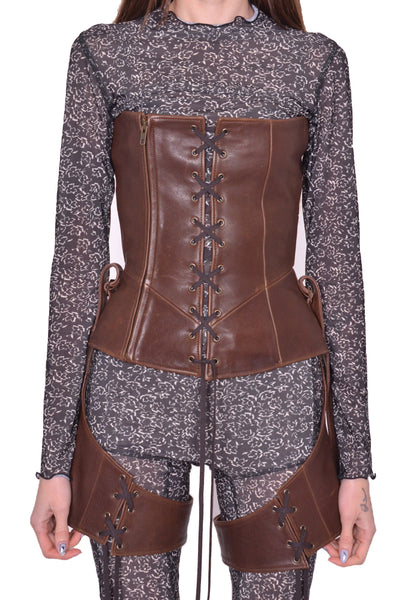 KNWLS VEIL LEATHER CORSET BROWN BURN SS25 | DOSHABURI Online Shop
