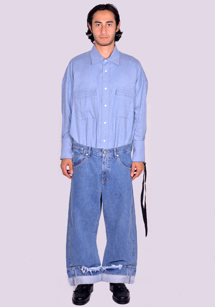 MARINA YEE UNISEX DEAN BLUE OVERSIZED DENIM TROUSERS STONE FW24 | DOSHABURI Shop