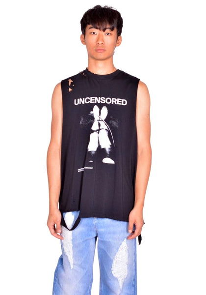 MATIERES FECALES MAT02T002 UNISEX FETISCHE CUT OFF TANK KNIT SCLERA BLACK SS26  | DOSHABURI Shop