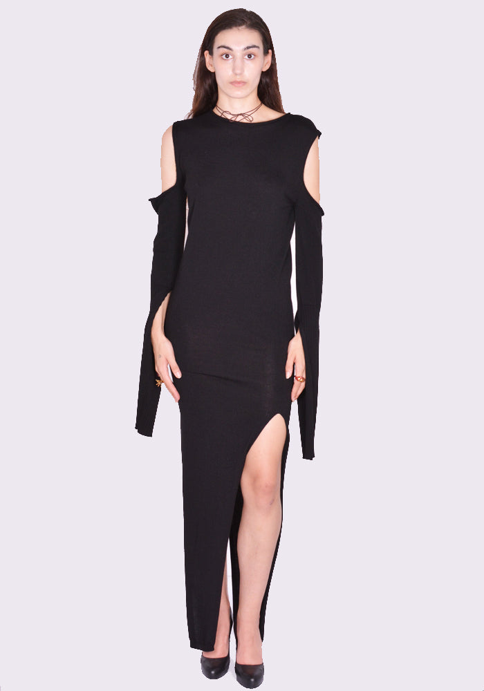 chinese dress ladies RICK OWENS CAPE SLEEVE WOOL KNIT DRESS BLACK FW24 | 50%OFF SALE