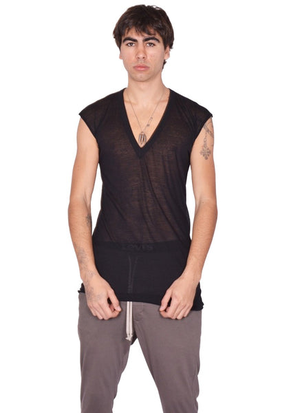 RICK OWENS MEN DEEP V SLEEVELESS T-SHIRT BLACK SS26 | DOSHABURI Shop