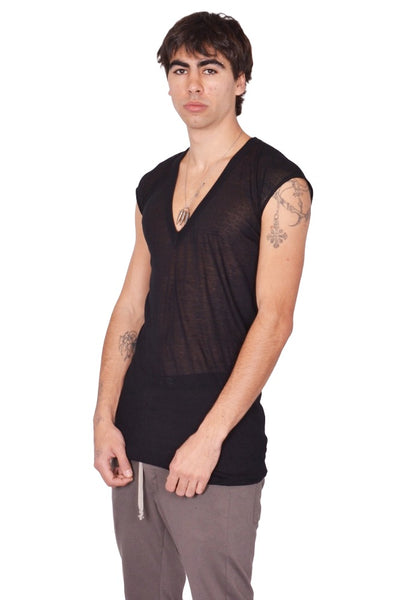 RICK OWENS MEN DEEP V SLEEVELESS T-SHIRT BLACK SS26 | DOSHABURI Shop