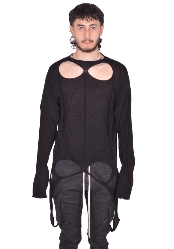 RICK OWENS MEN SLASHED KNIT PULLOVER BLACK FW25 | DOSHABURI Shop