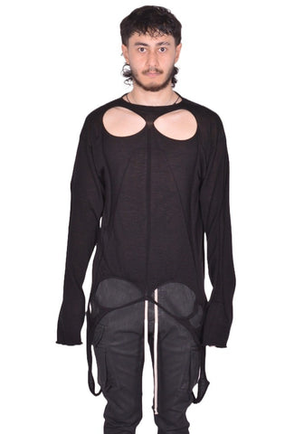 RICK OWENS MEN SLASHED KNIT PULLOVER BLACK FW25 | DOSHABURI Shop