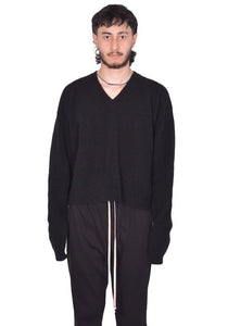 RICK OWENS MEN TOMMY V-NECK KNIT SWEATER BLACK FW25 | DOSHABURI Shop