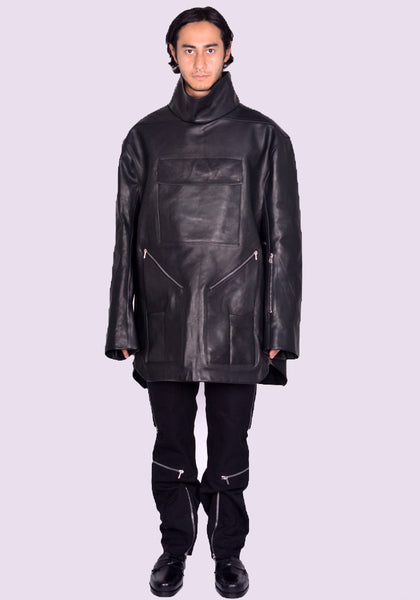 RICK OWENS MOUNTAINEERING SMOCK LEATHER JACKET BLACK FW24 | DOSHABURI Shop
