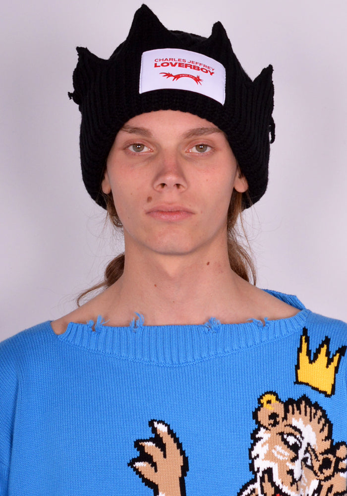 CHARLES JEFFREY LOVERBOY 043130301 UNISEX KNITTED CHUNKY CROWN BEANIE BLACK