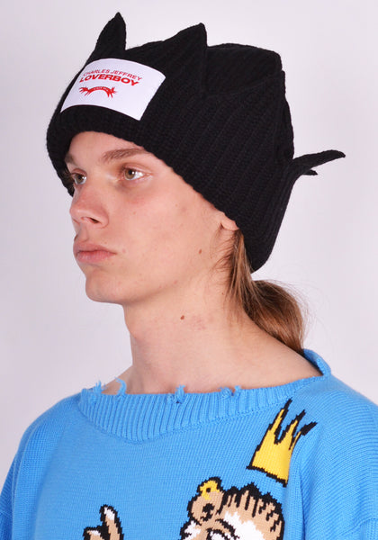 CHARLES JEFFREY LOVERBOY 043130301 UNISEX KNITTED CHUNKY CROWN BEANIE BLACK