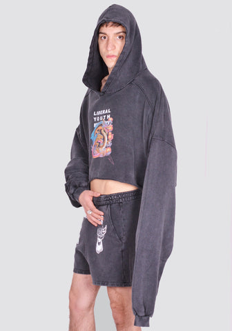 LIBERAL YOUTH MINISTRY CROPPED SWEAT HOODIE WASHED BLACK SS24 | DOSHABURI Online Shop