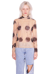 ROKH CHERRY PRINT MESH TOP BEIGE/BLACK FW23 | DOSHABURI Online Shop