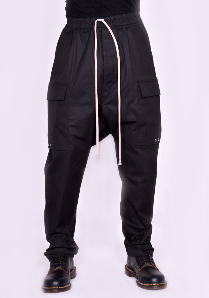 RICK OWENS MEN RU02C7379 TE LONG CARGO PANTS COTTON BLEND BLACK (New Season FW23)