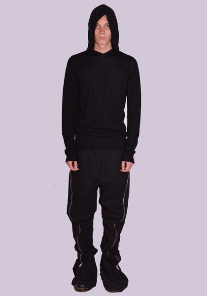 RICK OWENS MEN RU01D3623 WS 09 HOODED KNIT SWEATER BLACK SS24 | DOSHABURI Online Shop