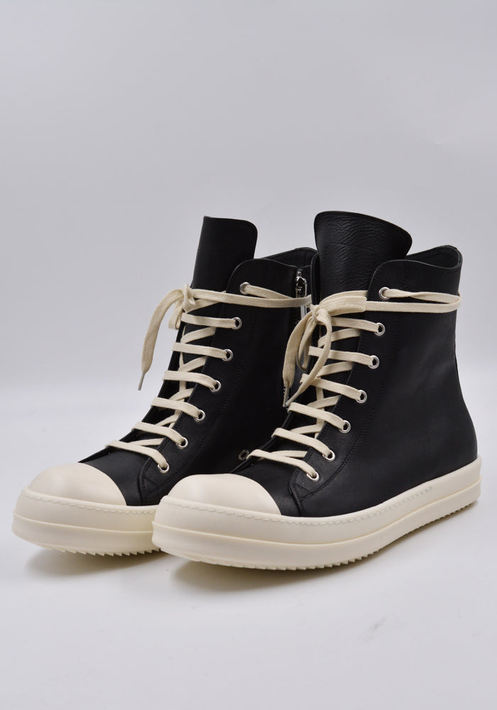 RICK OWENS MEN RU01D3890 LOO LEATHER HI-CUT SNEAKERS BLACK/MILK FW24 | DOSHABURI Shop