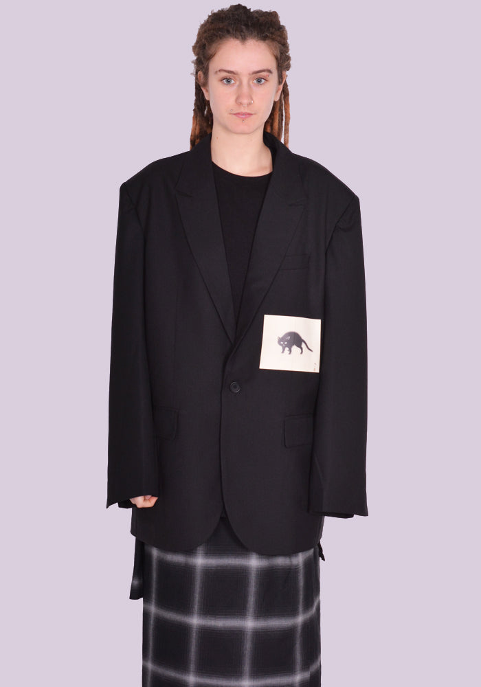 YUIKI SHIMOJI PATCHED BLAZER BLACK BLACK CAT | DOSHABURI Online Shop