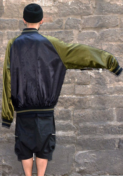 YUIKI SHIMOJI UNISEX SATIN BOMBER JACKET BLACK/KHAKI GREEN | DOSHABURI Shop