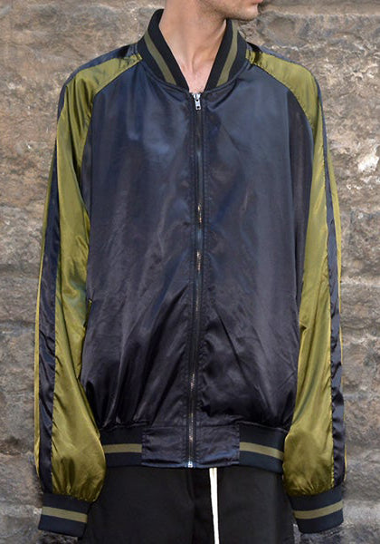 YUIKI SHIMOJI UNISEX SATIN BOMBER JACKET BLACK/KHAKI GREEN | DOSHABURI Shop