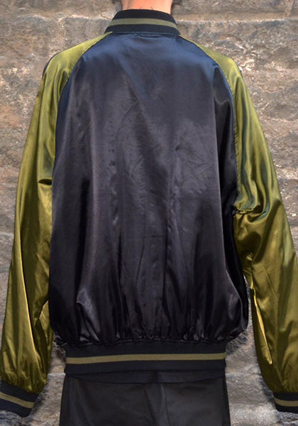 YUIKI SHIMOJI UNISEX SATIN BOMBER JACKET BLACK/KHAKI GREEN | DOSHABURI Shop