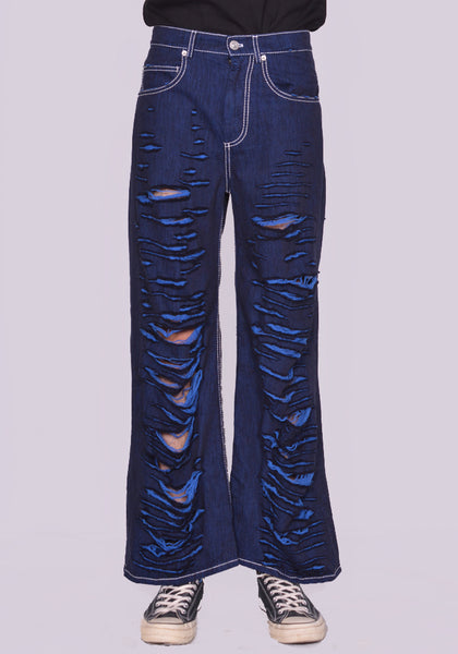 MARNI PUJU0060Y0 SLASHED WIDE DENIM TROUSERS BLUE FW22 | DOSHABURI Online Shop