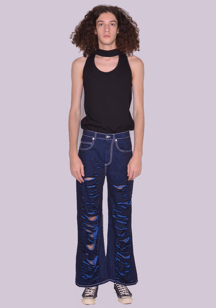 MARNI PUJU0060Y0 SLASHED WIDE DENIM TROUSERS BLUE FW22 | DOSHABURI Online Shop