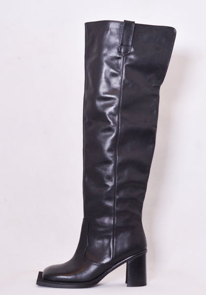 NINAMOUNAH HOWLING KNEE-HIGH LEATHER BOOTS BLACK SS22 | DOSHABURI Online Shop