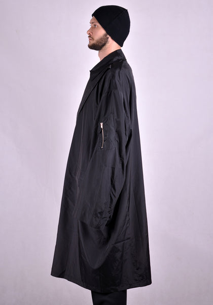 RANDOM IDENTITIES NY-04 SATIN OVERCOAT BLACK 2021SS | DOSHABURI Online Shop