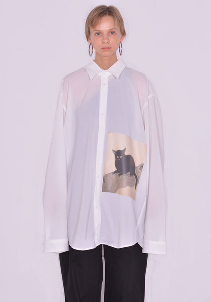 YUIKI SHIMOJI UNISEX LONG SLEEVE SHIRT WHITE CAT | DOSHABURI Online Shop