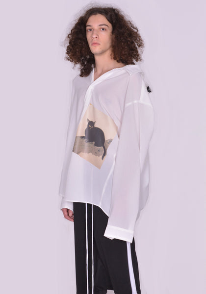 YUIKI SHIMOJI UNISEX LONG SLEEVE SHIRT WHITE CAT | DOSHABURI Online Shop