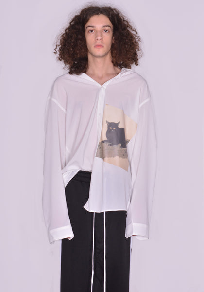 YUIKI SHIMOJI UNISEX LONG SLEEVE SHIRT WHITE CAT | DOSHABURI Online Shop