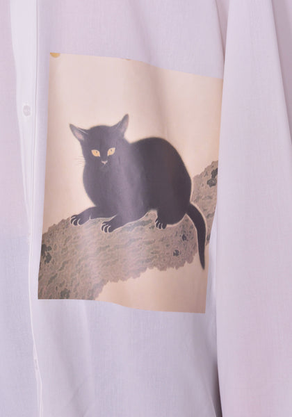 YUIKI SHIMOJI UNISEX LONG SLEEVE SHIRT WHITE CAT | DOSHABURI Online Shop